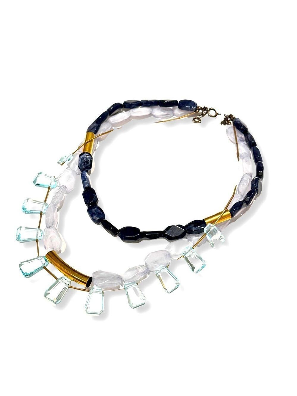 LOFT 3-Layer lucite, blue stone & brassy gold bib necklace NEW